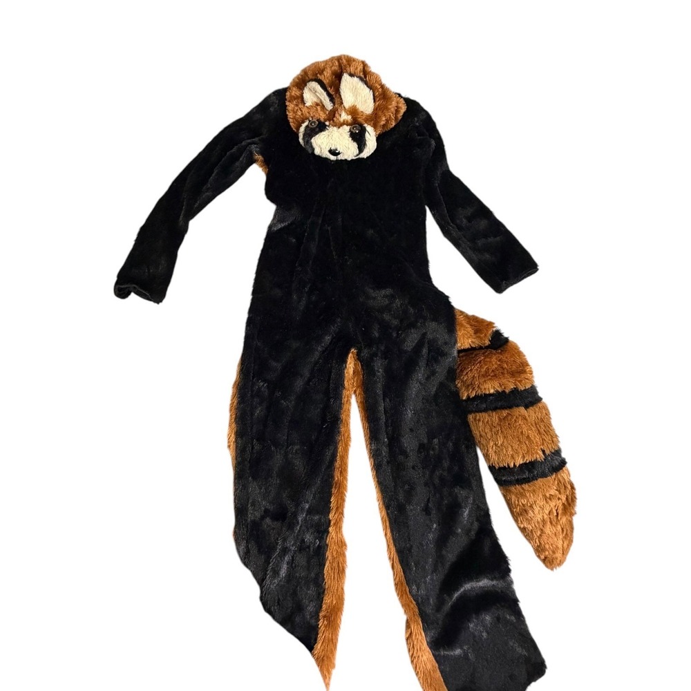 Red Panda Faux Fur Costume Jumpsuit Kids Large Long Sleeve Striped Tail Hooded